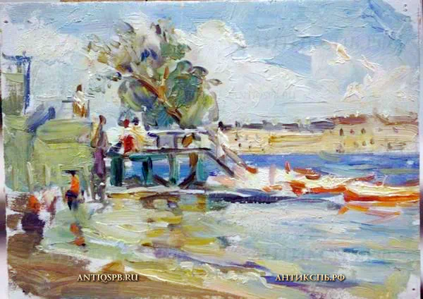 152. Картина "Причал на реке". Картон, масло. Художник: А. Бантиков. СССР. Сер. XX века
